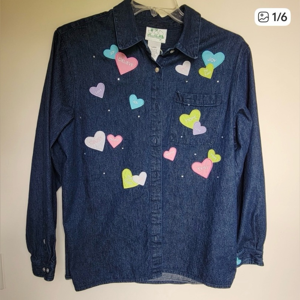 Quacker Factory Blue and Pink Jean Jacket with Heart Design
